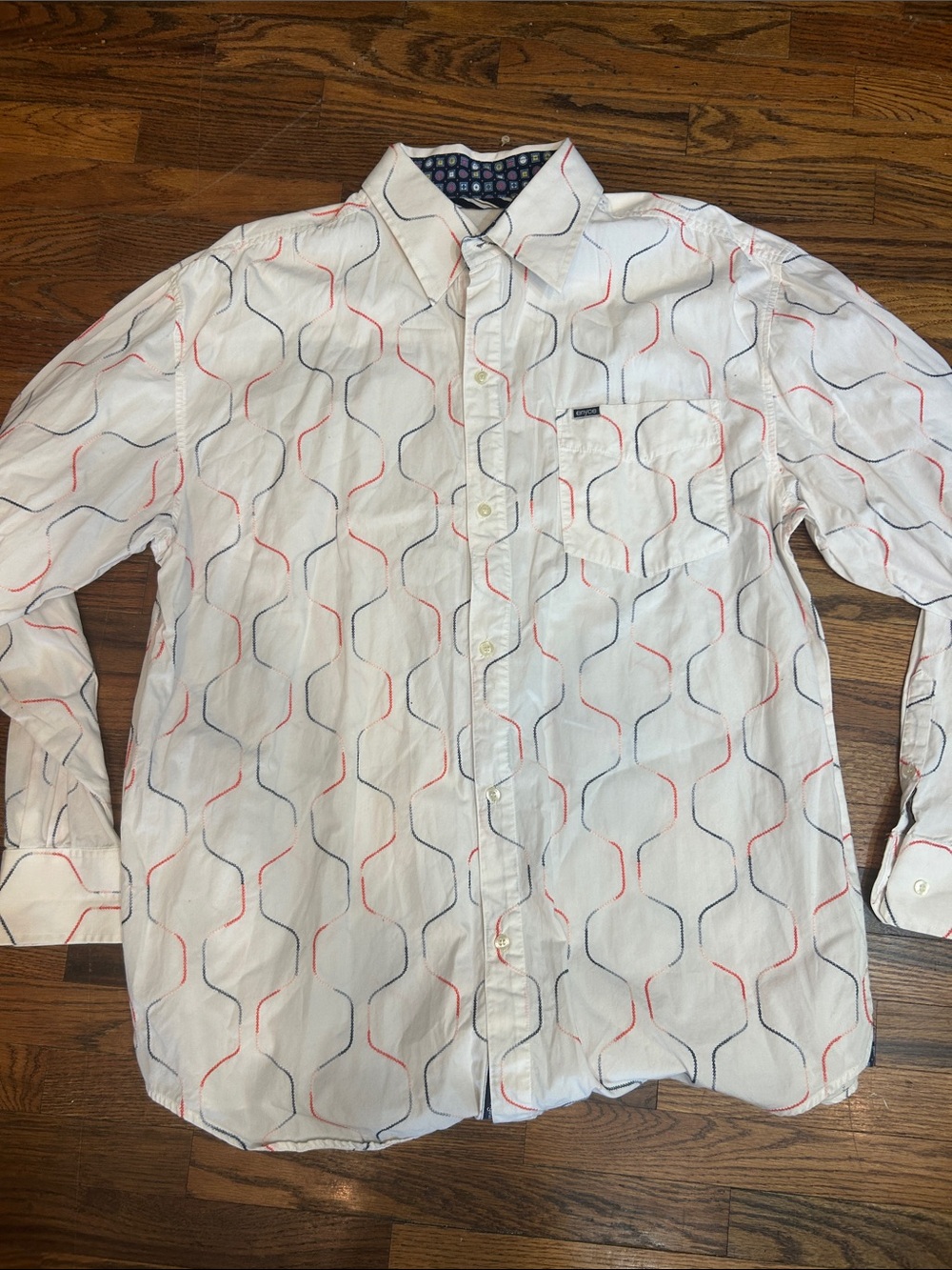 Enyce White Button-Up Shirt with Navy and Red Geometric Lines